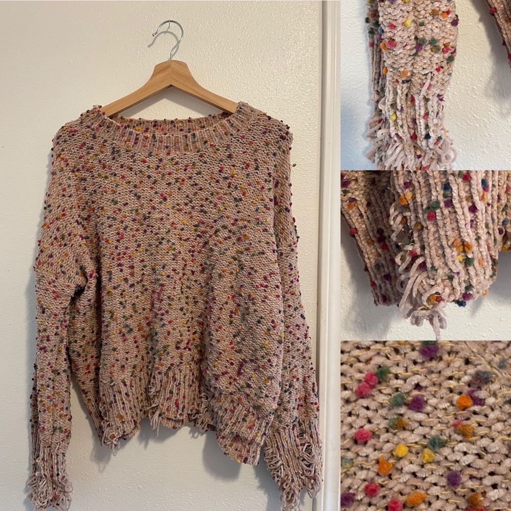 Distressed Rainbow Pom Sweater